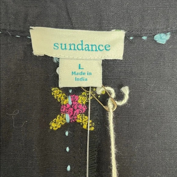 Sundance Cotton Embroidered Blouse Puff Sleeve V Neck Black Size Large BNWT - Picture 3 of 7